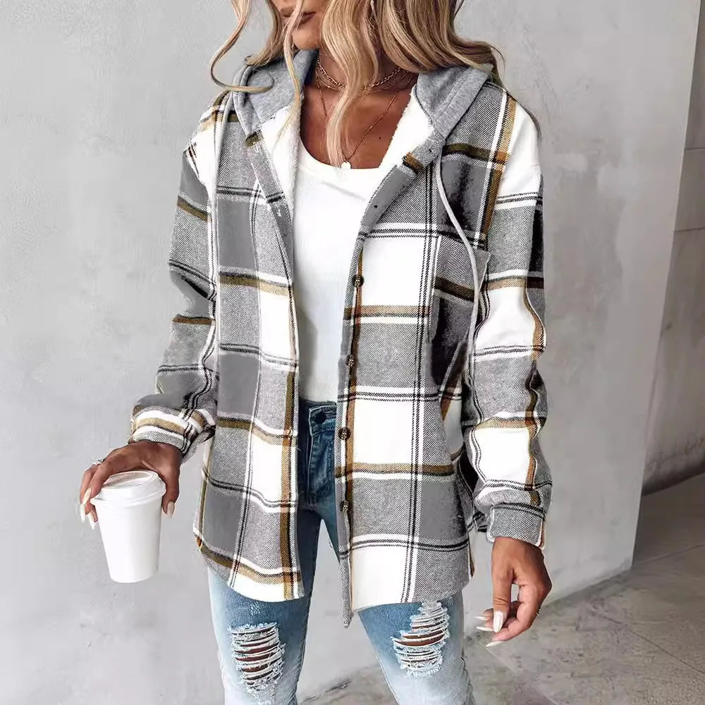 Women's Autumn Large Plaid Style Hooded Jacket With  Casual Loose Black White Plaid Coat Button Fall Top