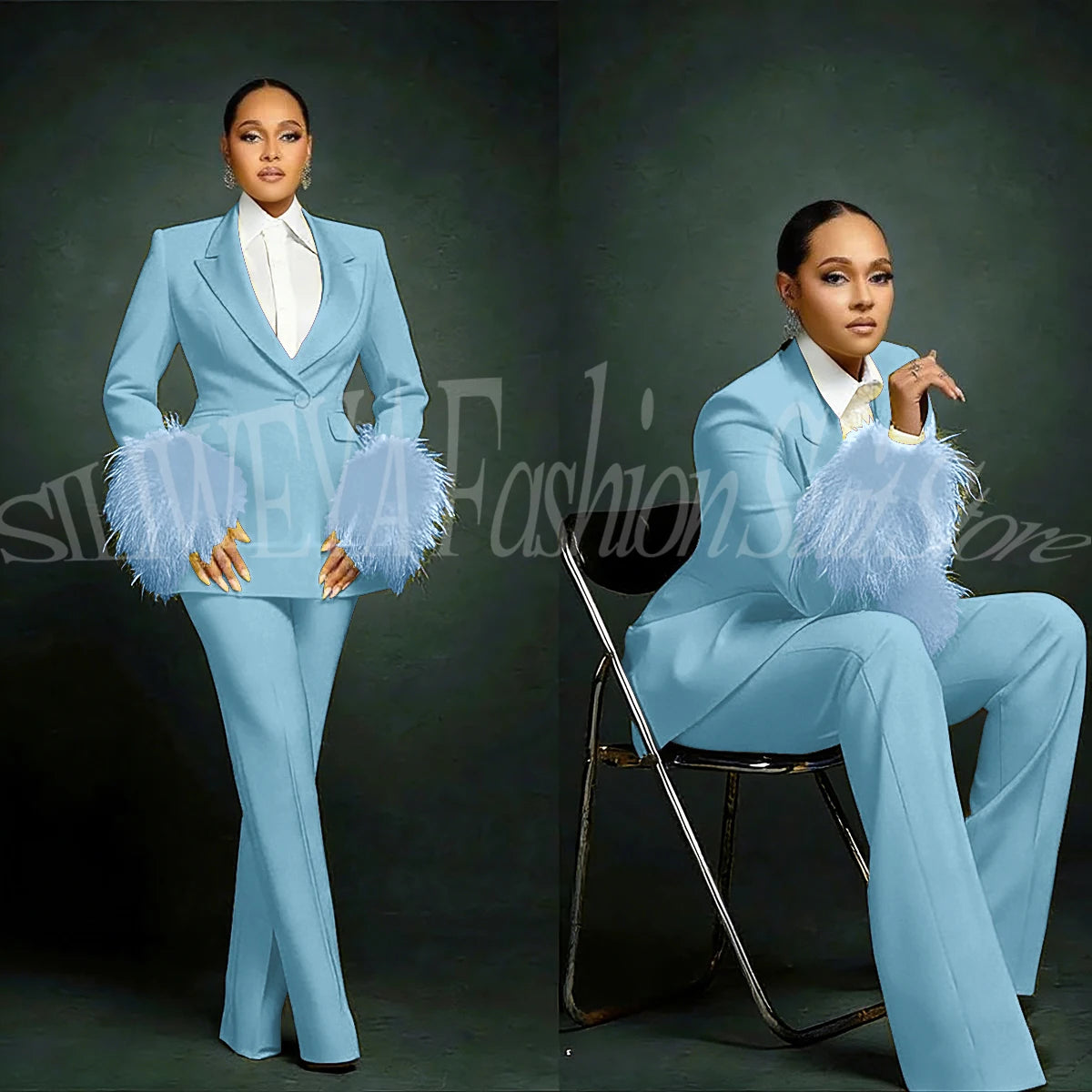 Women's  Luxury Feather Applique Single Breasted 2 Piece Suits