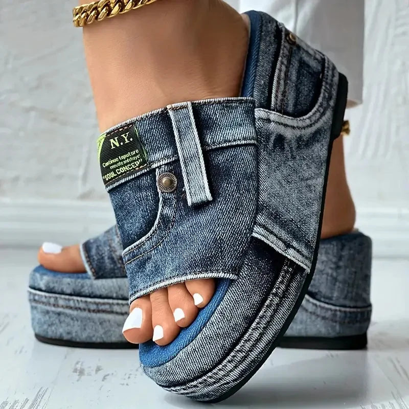 Women's New Elegant Casual Denim Summer Slippers Comfortable Slip-on Shoes Beach Walking Slippers