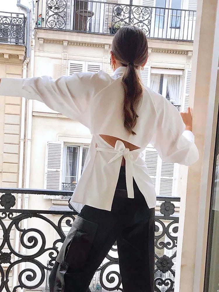 Women Elegant White Blouse Turn-down Collar Long Sleeve Lace Up Blouse Shirts