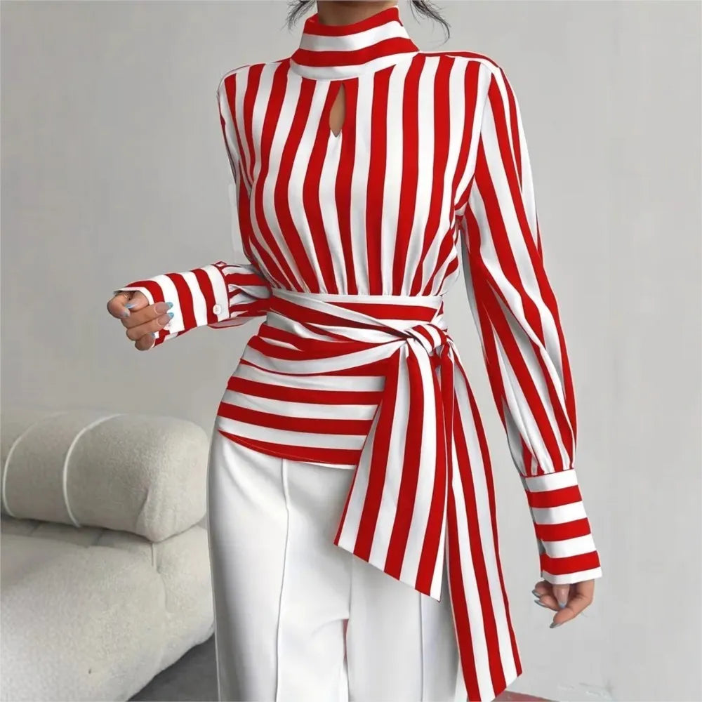 Women's Fashion Trendy  Black White Contrast Striped Shirt Autumn New Retro Scarf Collar Long-sleeved Elegant Female Pullover Shirt