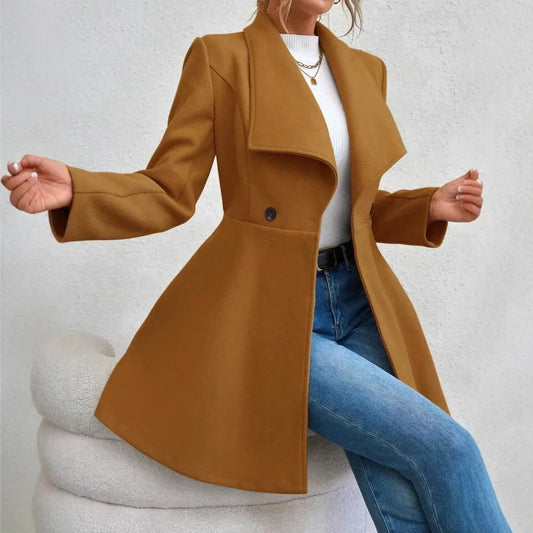 Women's Casual Solid Color Double-button Trendy Slim Long Sleeve Turn-down Collar Wool Coats Female Clothes