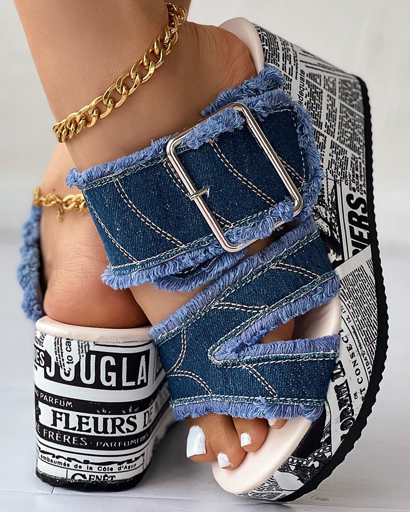 Women Casual Newspaper Buckled Denim Wedge Slippers Sandals