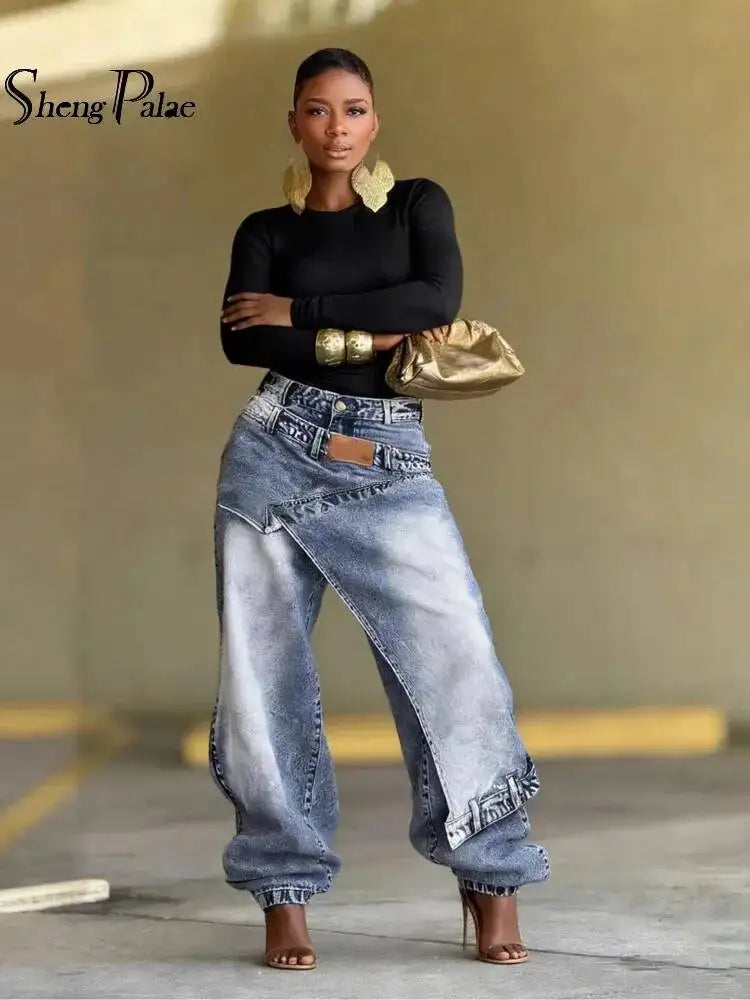 Women's European And American Style Patchwork Washed Pleated Straight Leg Jeans For Women Spring 2026 New