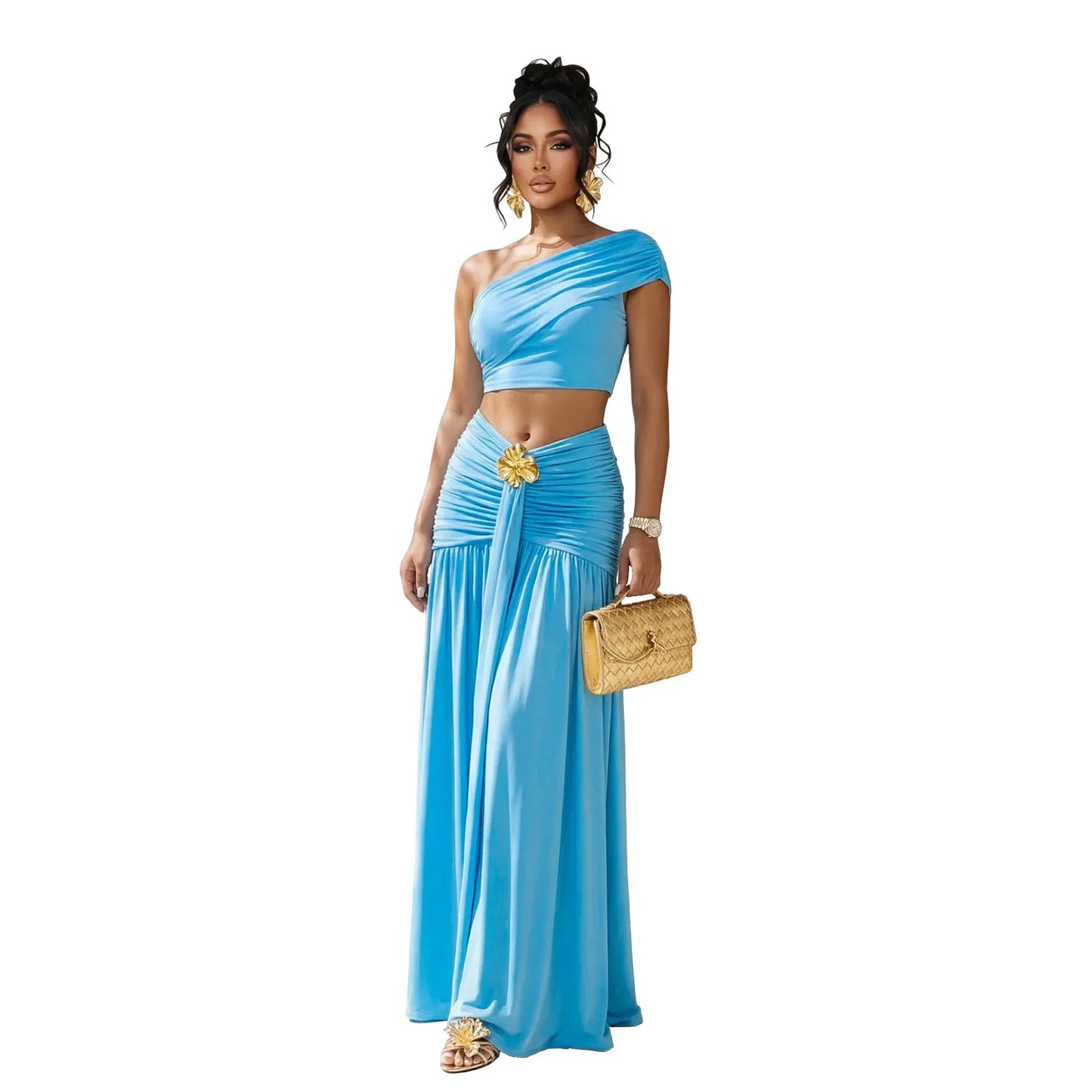 Women's Casual Off Shoulder Solid Color 2 Pieces Set Backless Crop Top + Skirt Matching