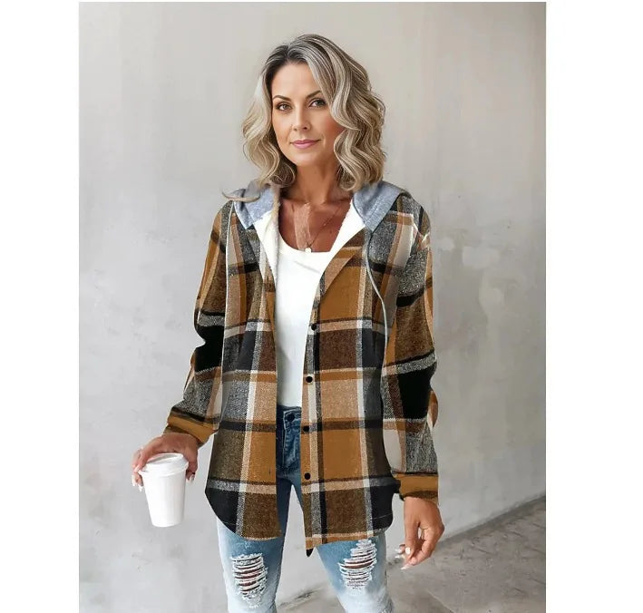 Women's Autumn Large Plaid Style Hooded Jacket With  Casual Loose Black White Plaid Coat Button Fall Top