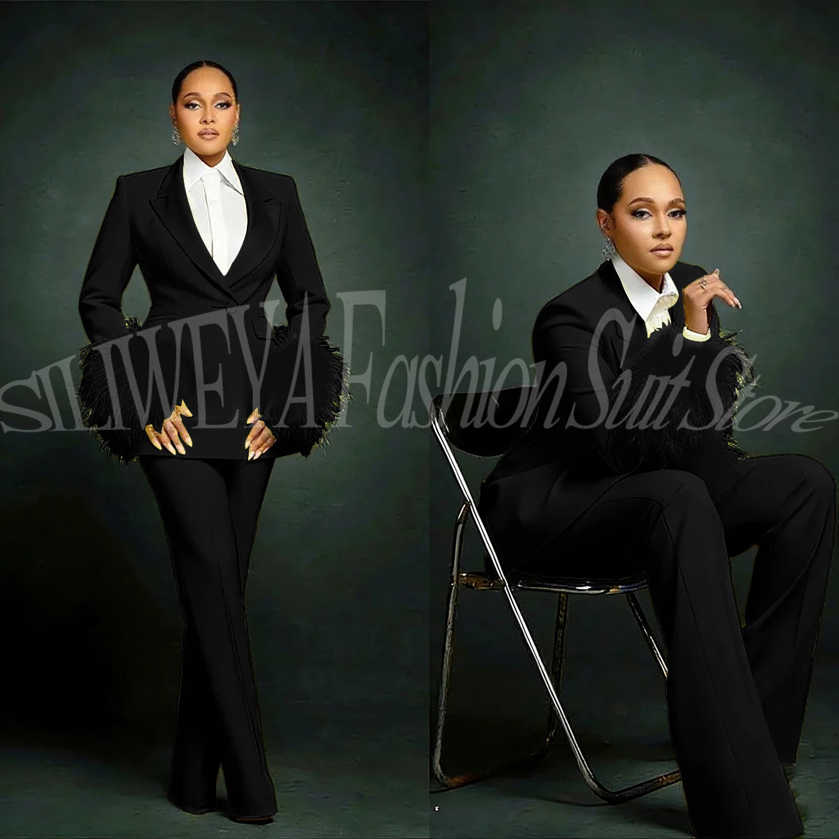 Women's  Luxury Feather Applique Single Breasted 2 Piece Suits