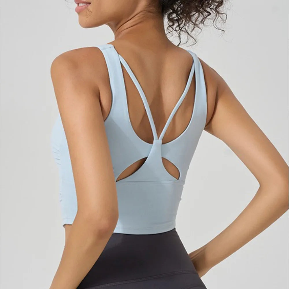 Women's Fixed Cup Yoga Sports Bra Crisscross Back Rushed Waist Workout Tank Top for Pilates, Gym, Outdoor Fitness