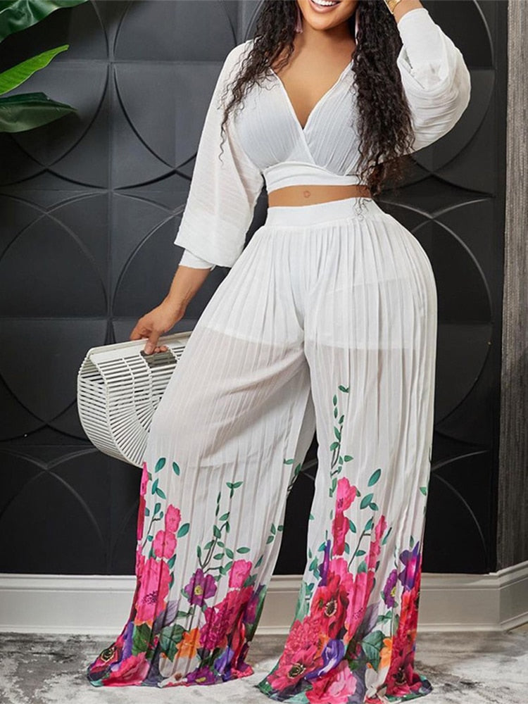 Women Printed 2 Piece Pleated Wide Leg Pants Sets Solid V-neck Long Sleeves Crop Tops