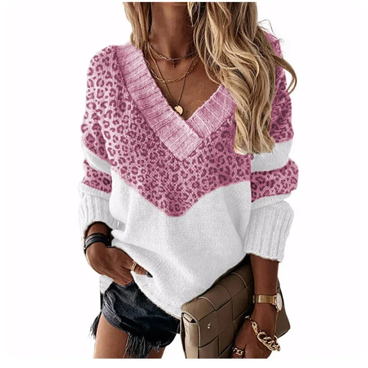 Women's Knitted V-neck Sweaters Stitching Contrast Color Long-Sleeved Knitting Top Pullover Autumn Winter Warm Female Jumper