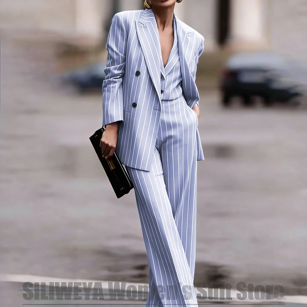 Navy Women's Double Breasted Striped 3 Piece Suits Blazer Vest Wide-Leg Pants Set Fashion Formal Party Office Casual Outfit