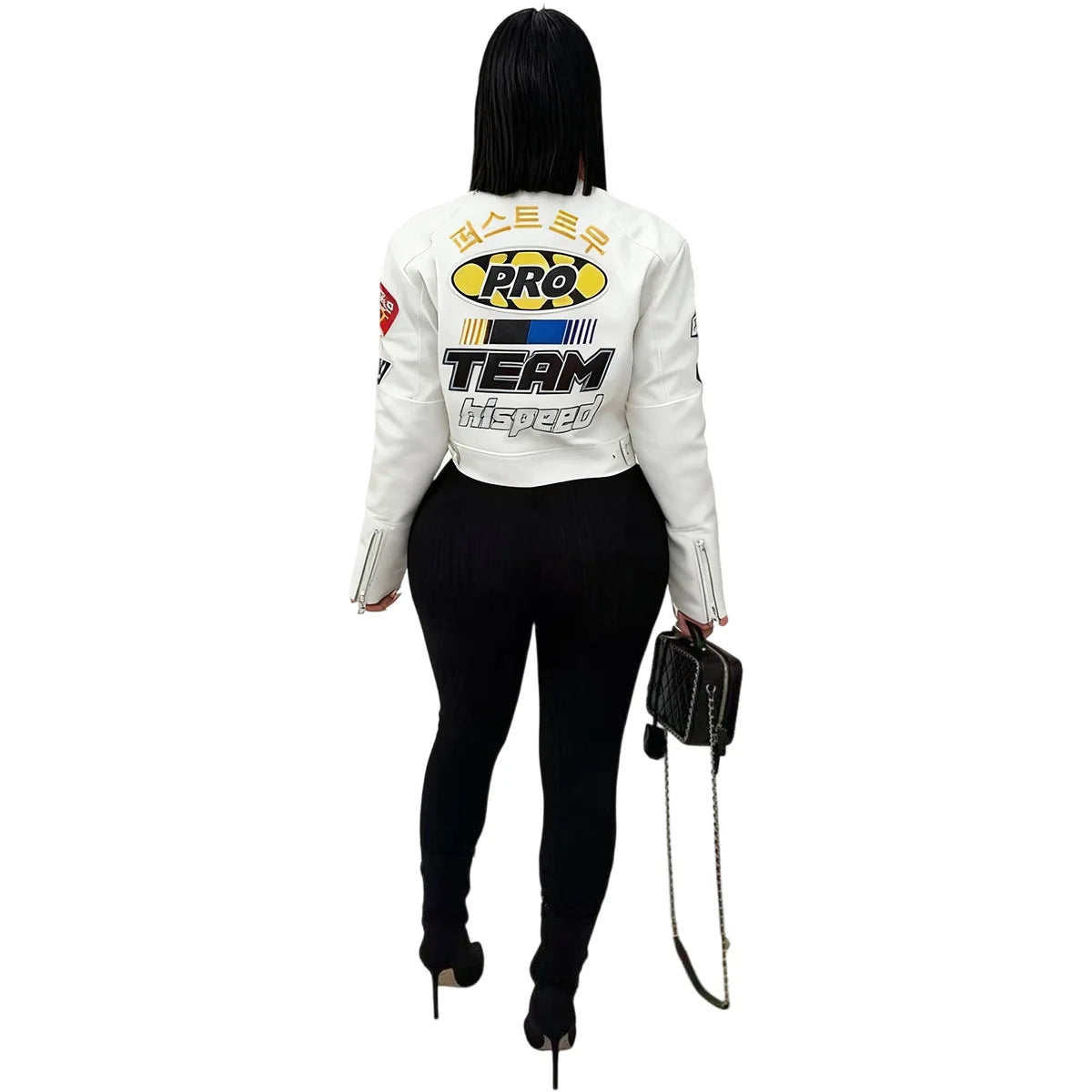 Women's PU Leather Printed Motorcycle Jacket Single Piece Fashionable Streetwear Comfortable Long Sleeve Fall Trendy