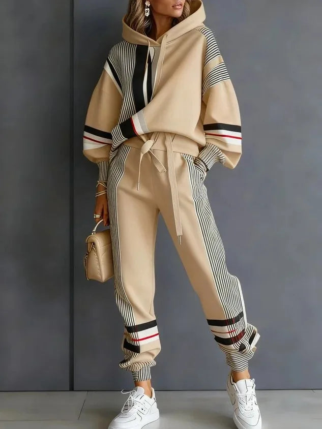Women's Two-Piece Sport Winter Loose Fit Fashion Pant Sets Plus Size Pant Sets American Stripe Round Neck Sweatshirt and Pants Set