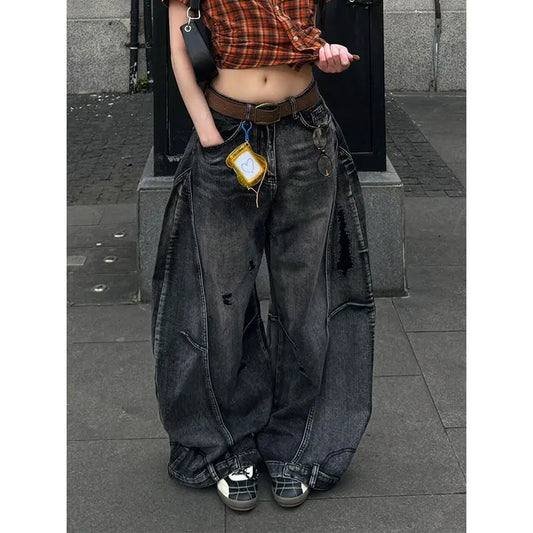 Women Vintage Black High Waisted Cargo Jeans Summer Casual Loose Big Size Wide Leg Denim Baggy Pants Y2K