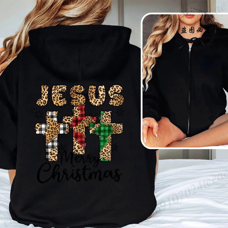 Women Men Oversize Merry Christmas Reindeer Print Zipper Hoodies Coat Tops Femme Zip Sweatshirts Christmas Party Jackets