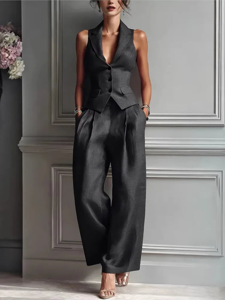 Women's Summer New Fashion Single-breasted Sleeveless Top + Trousers 2-piece Set Women's 2026 Slim Vest Suit Collar Trousers Office Suit