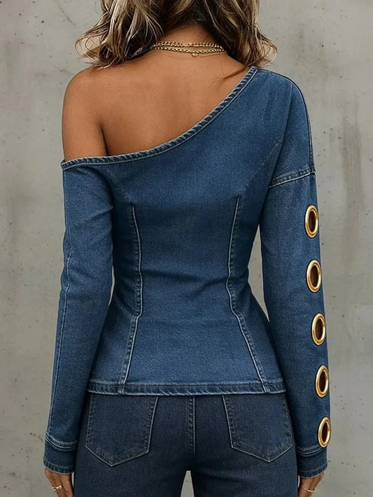 Denim One-Shoulder Long Sleeve T Shirt Women Grommet Eyelet Cutout Slim Fit Casual Streetwear Chic Jean Blouse