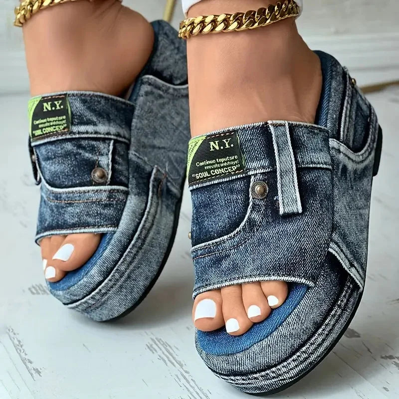 Women's New Elegant Casual Denim Summer Slippers Comfortable Slip-on Shoes Beach Walking Slippers
