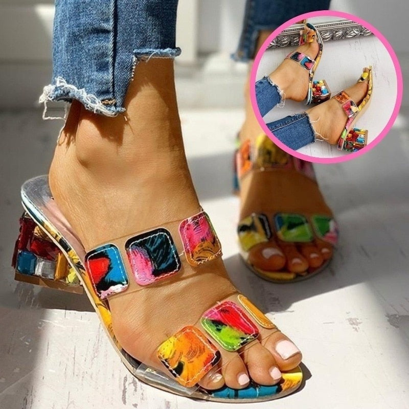 Women Sandals Square Heels Summer Peep Toe Ladies Multi Colors Heeled Outdoor Slippers