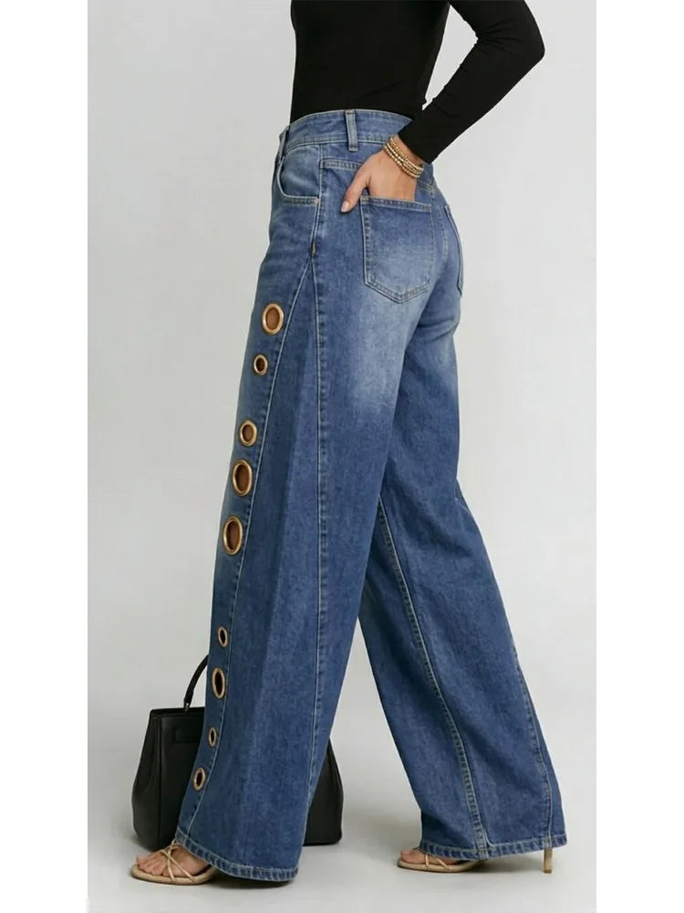 2026 Casual Women's Washed Blue High-Waist Metal Grommet Wide Leg Jeans Loose Fit Streetwear Pants
