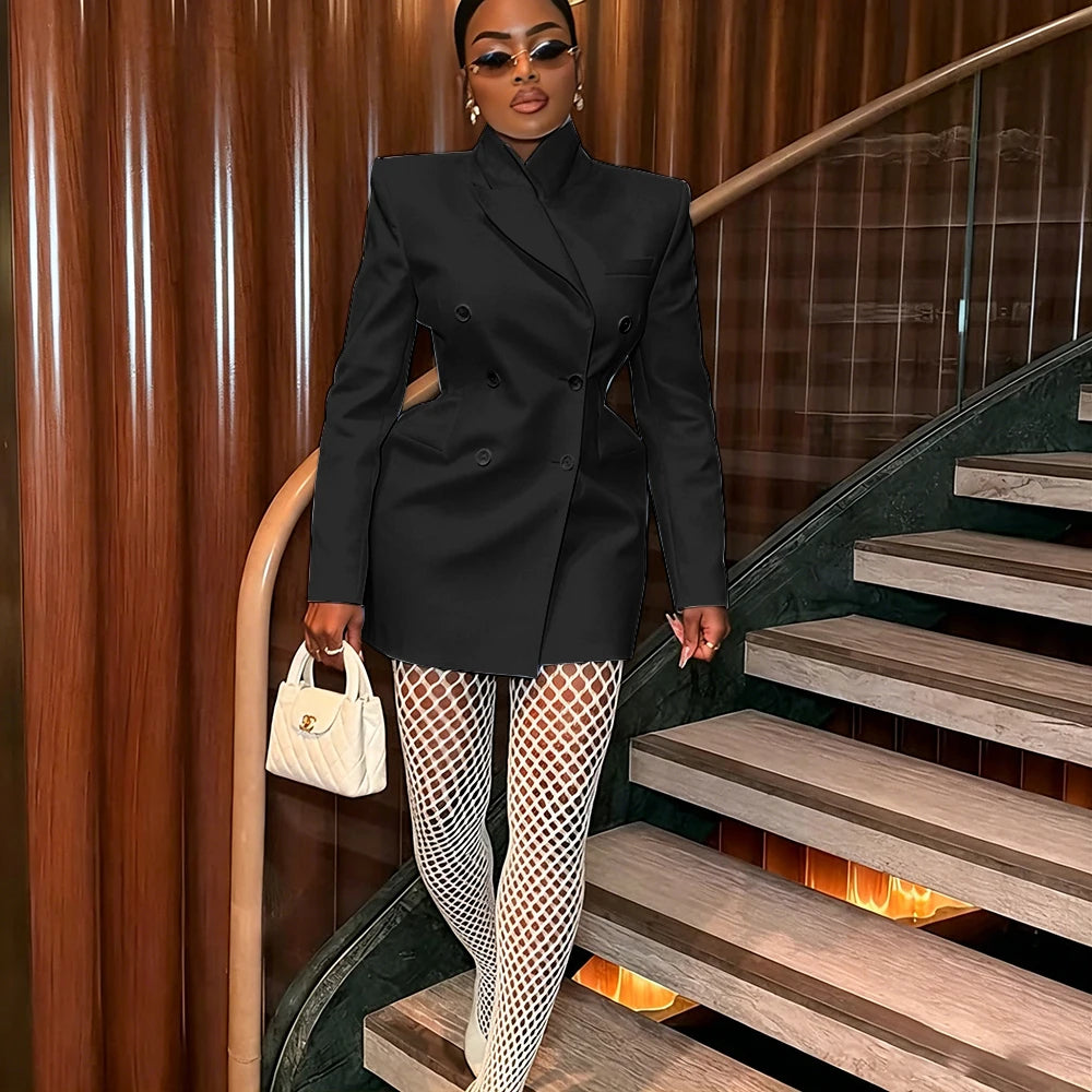 Women's Elegant White Oversized Jacket Double Breasted Blazer Dress Elegant Formal Long 1 Piece Suit for Evening Party