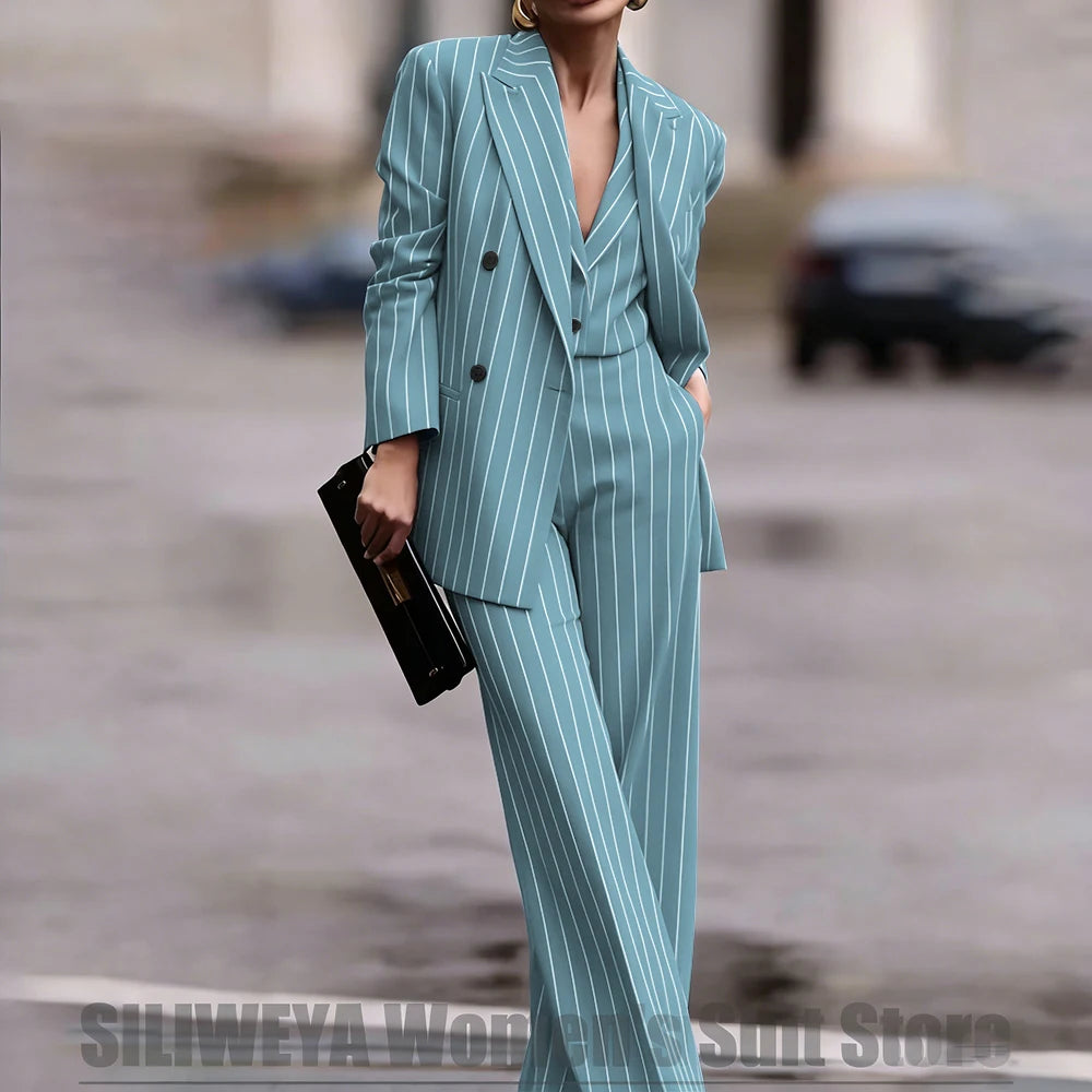 Navy Women's Double Breasted Striped 3 Piece Suits Blazer Vest Wide-Leg Pants Set Fashion Formal Party Office Casual Outfit