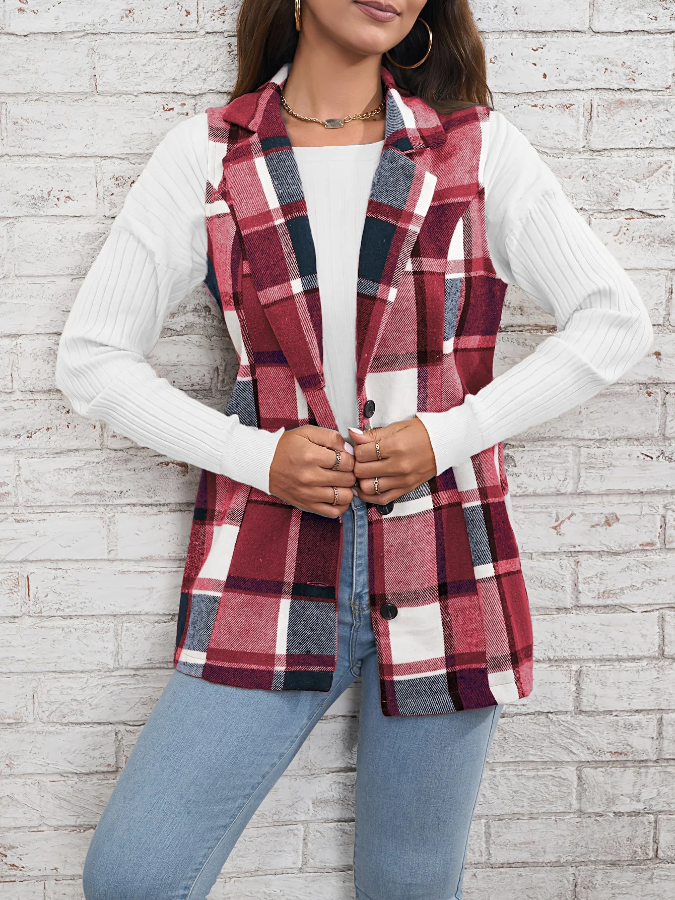 Women's Elegant Single Breasted Multicolored Plaid Spring and Autumn Vests