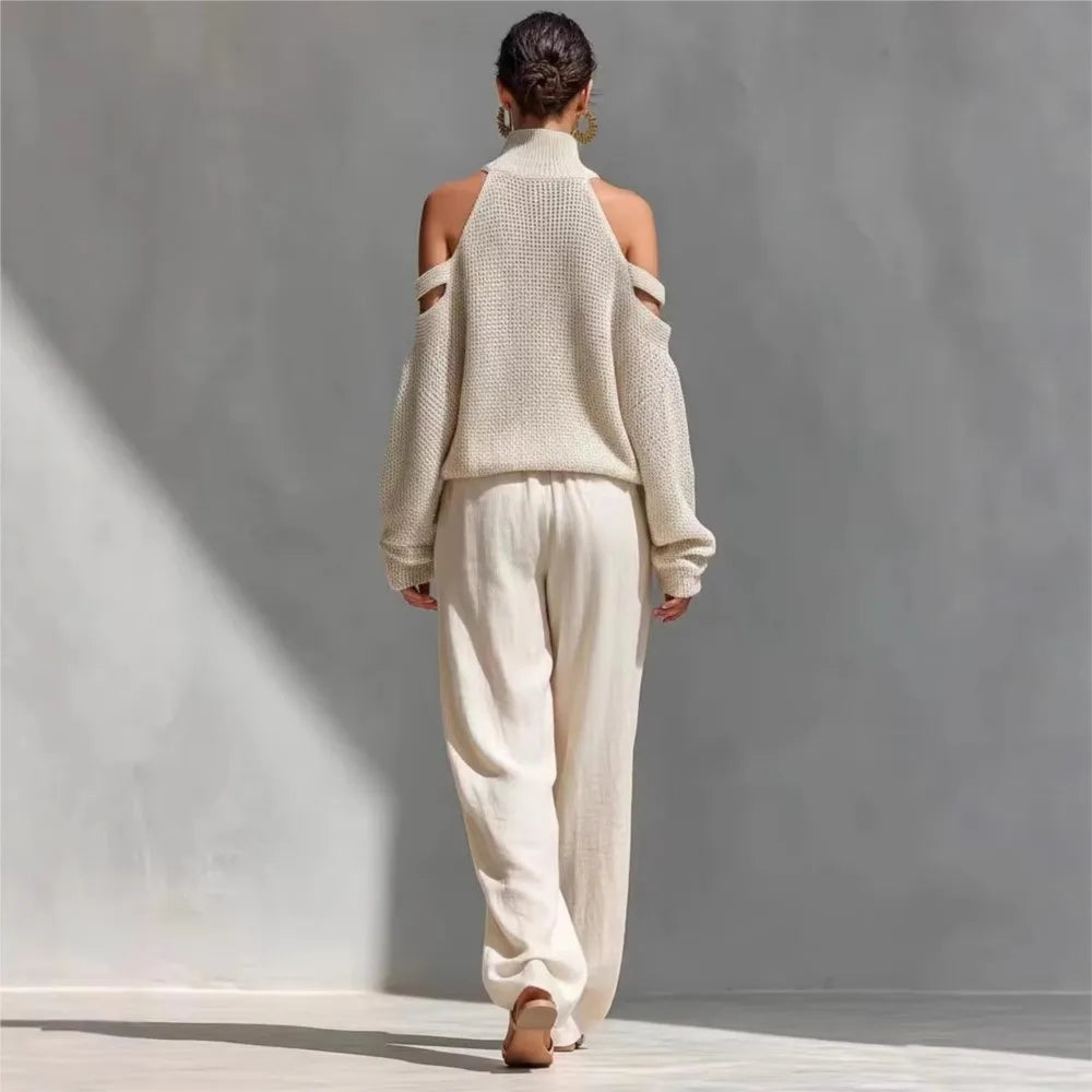 Women's Fashion High Collar Hollow Off-shoulder Women's Knitted Tops 2-piece Set Spring Casual Loose Wide-leg Trousers Female Suit
