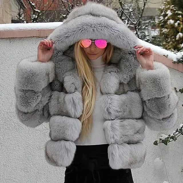 Women's Winter Fashion Hooded Fox Fur Jackets Loose Long Sleeves Female Eco Fur Coat Patchwork Plush Thick Lady Fur Coat