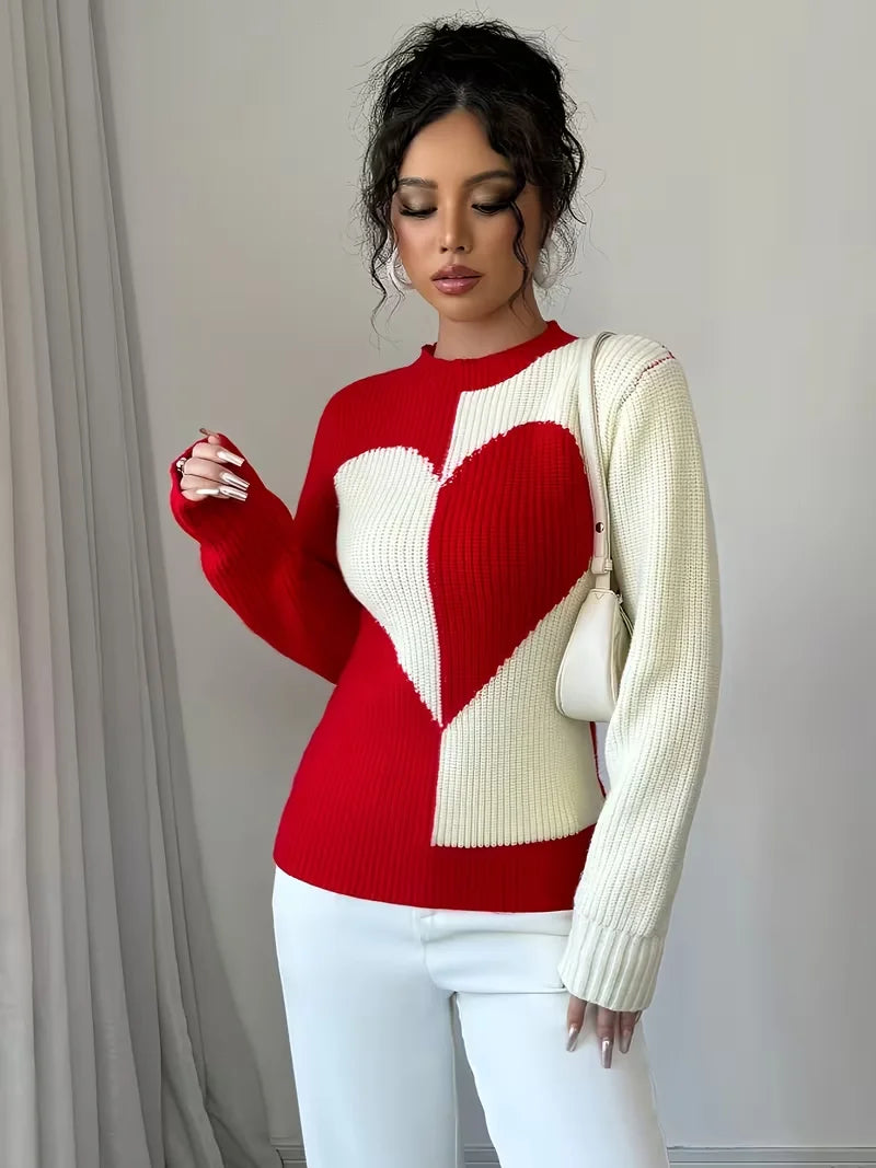 Women's Color-Block Heart Pattern Knitted Pullover for Autumn and Winter, Round Neck, Long-Sleeve, Casual and Versatile