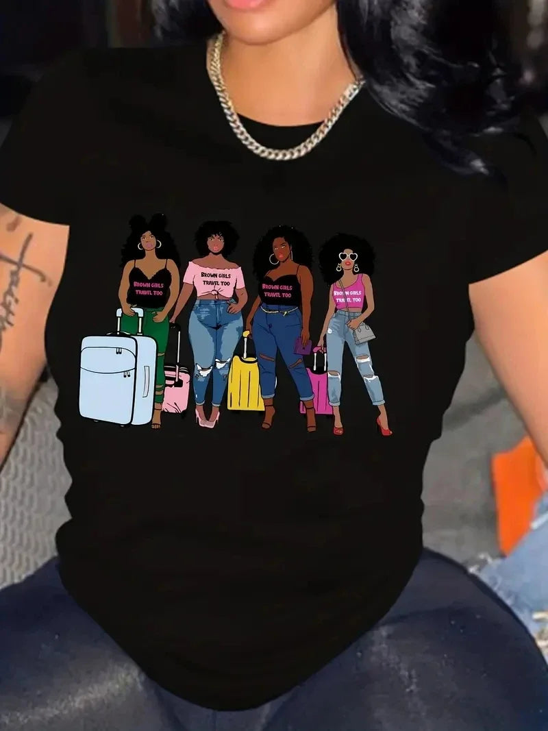 Women's round neck T-shirt Sistas printed T-shirt casual fashion short-sleeved tops