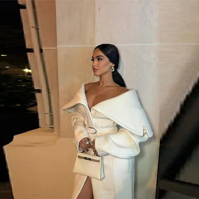 Women Stylish Elegant Woolen Belted Coat High-end Office Ladies Sophisticated Modest Trendy Long Outerwear