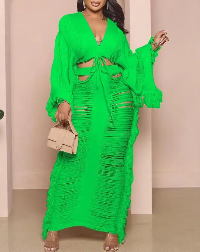 Women's Two-Piece Outfits Sets Summer Fashion Hollow Out V-Neck Long Sleeve Crop Top & Sexy Plain Maxi Daily Skirt Set