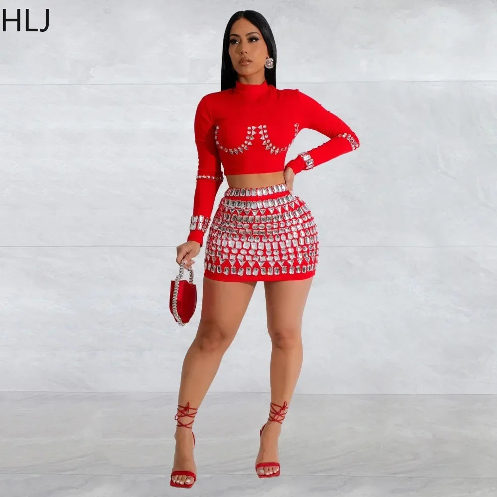 Women's Luxury Rhinestone Mini Skirts Two-Piece Sets Women Round Neck Long Sleeve Crop Top and Skirts Outfit