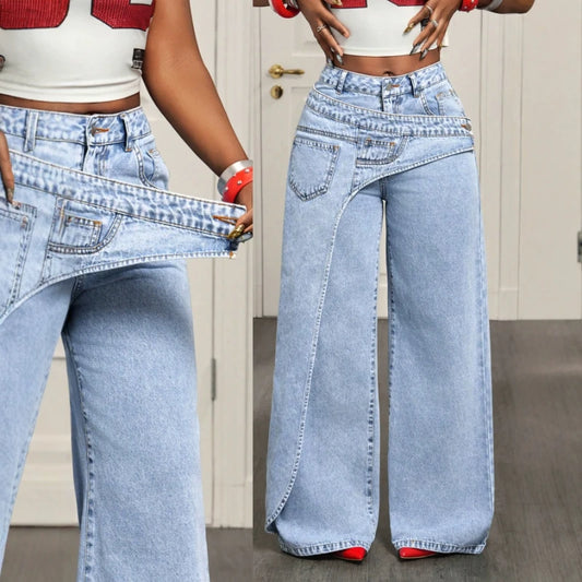 Women's Elegant Denim Jeans Vintage Wide Leg Long Casual Loose Pants High Waist Straight Trousers Y2k Streetwear Splice Work
