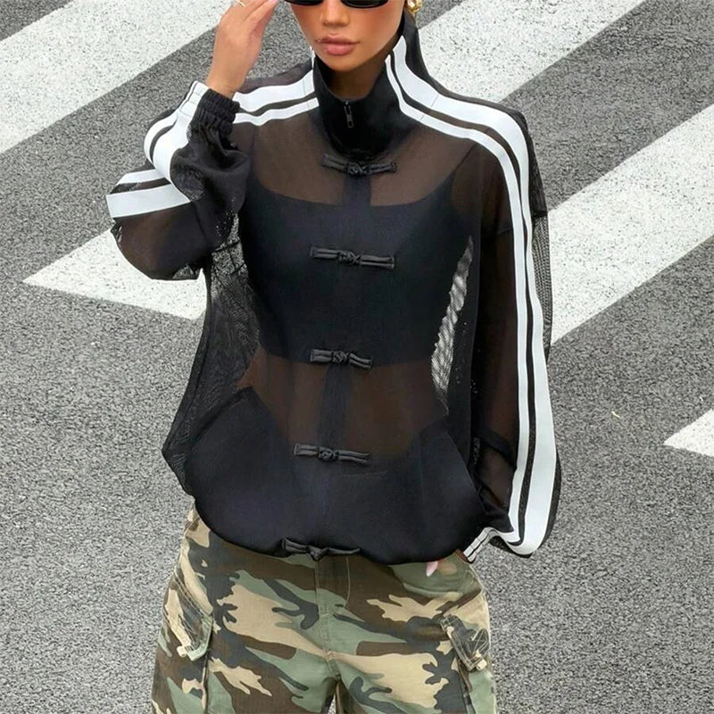 Women's Y2K Streetwear Style Sheer Mesh Jacket Stand Collar Long Sleeve Loose Side Stripe Frog Button Jacket