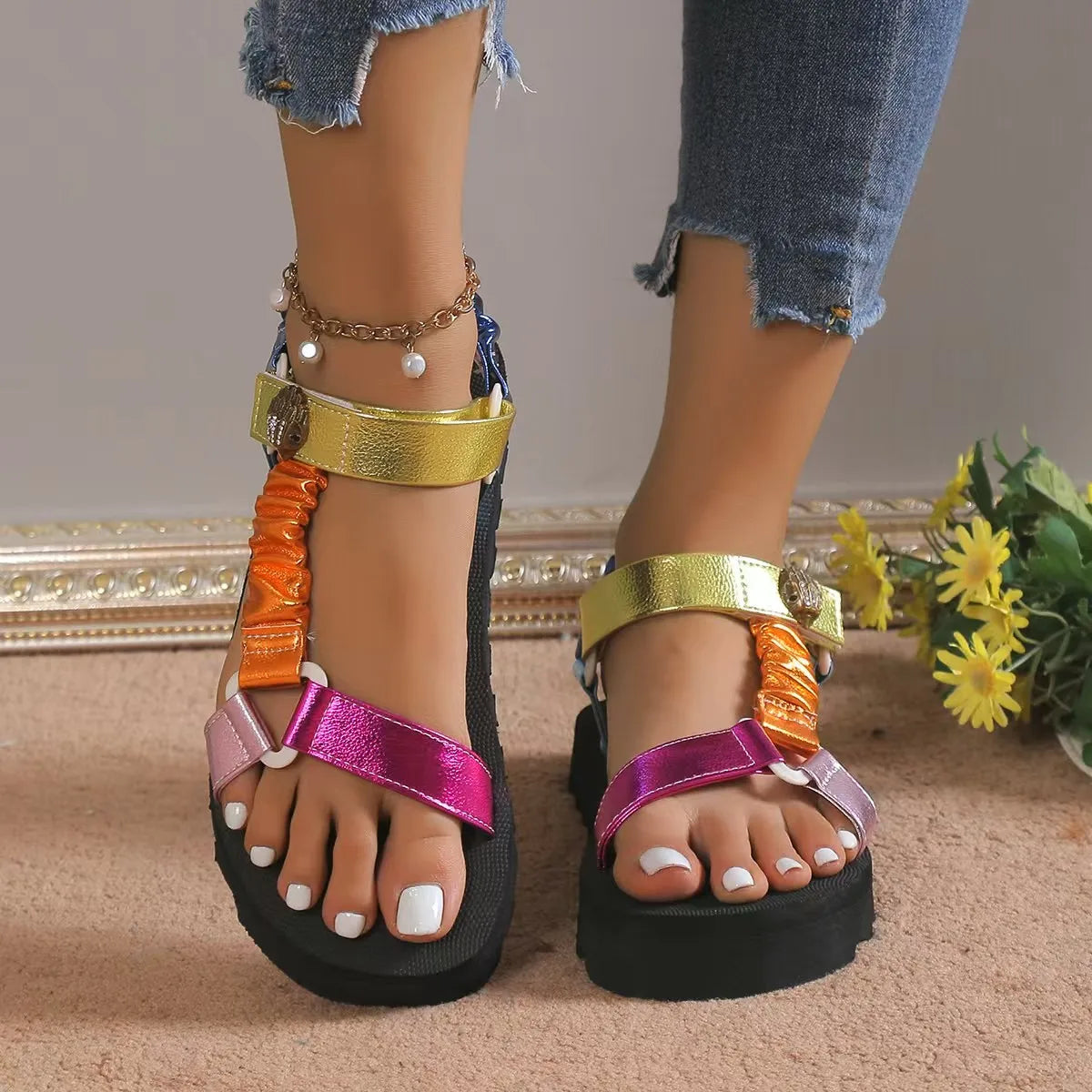 Women's Summer Sandals Flat Shoes Hemp Rope Set Foot Beach Sandals Outdoor All-match Casual Slippers Sandals