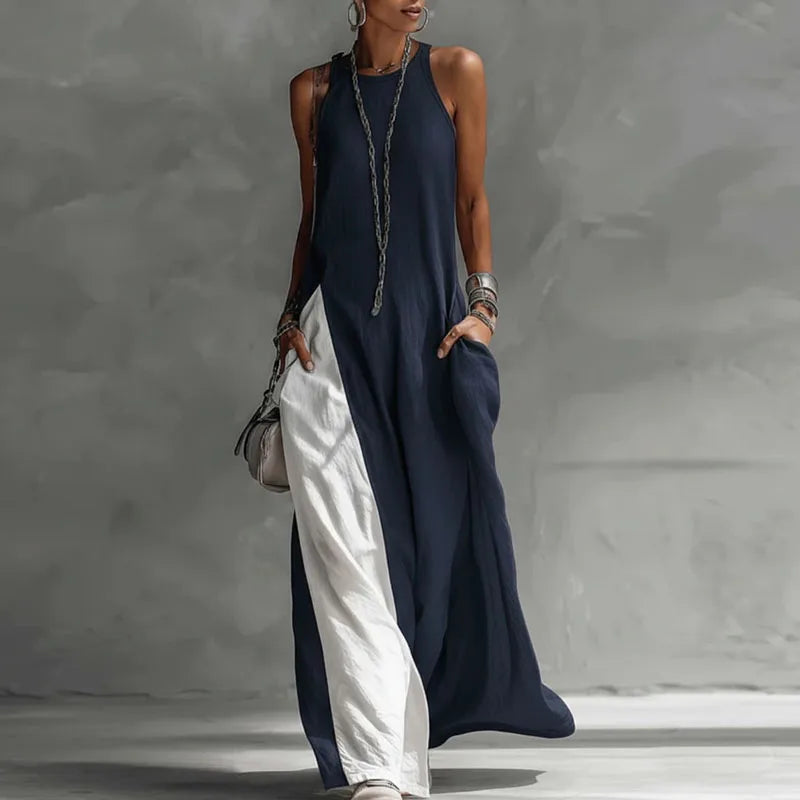 Women's Fashion High Collar Hollow Off-shoulder Women's Knitted Tops 2-piece Set Casual Sleeveless Summer Boho Vacation Maxi Dress Sexy O Neck Contrast Color Long Dress Spring Pocket A-Line Party Dresses