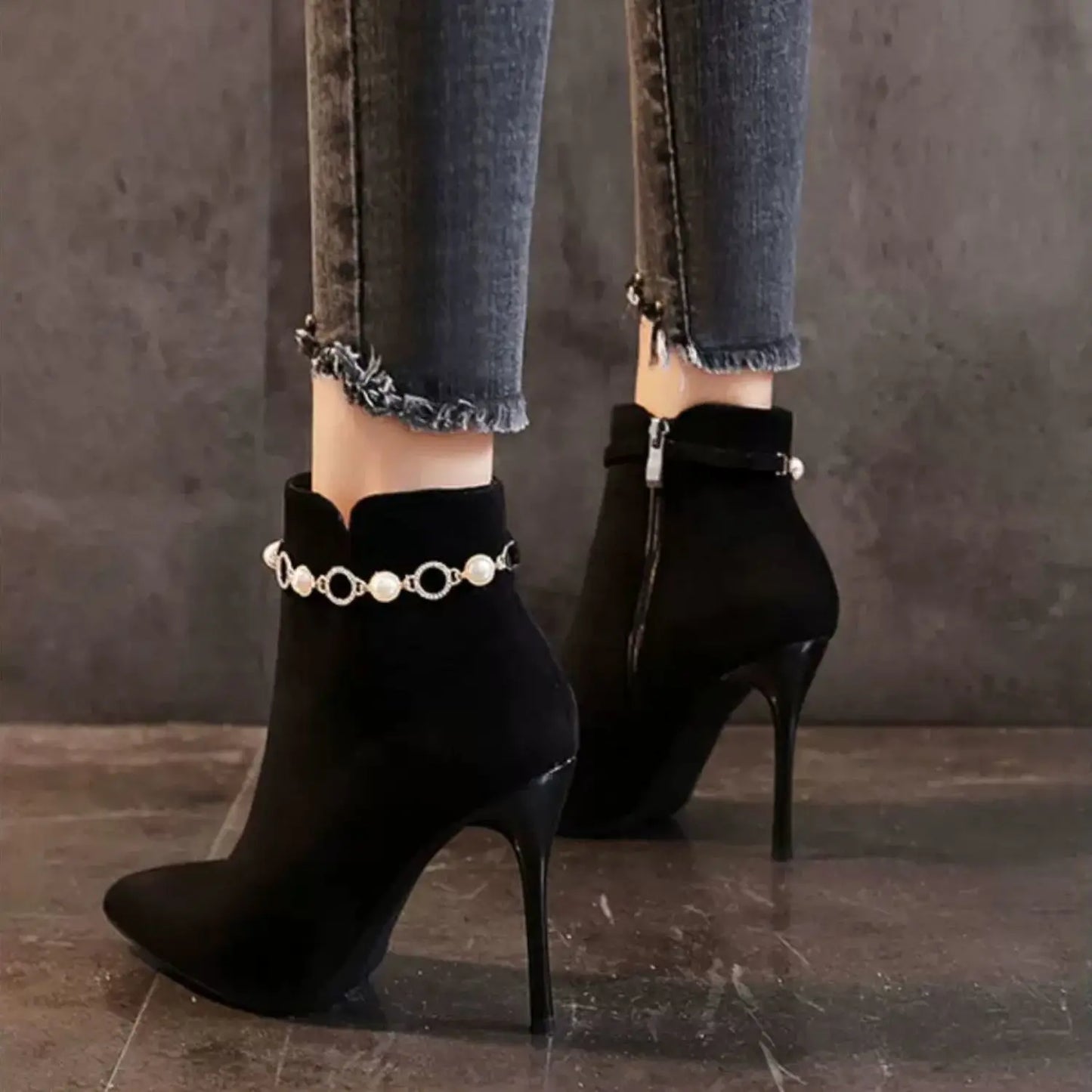 Women's Pointed Toe Sexy Ankle Boots Footwear Very High Heels Shoes for Woman Rhinestone Boots