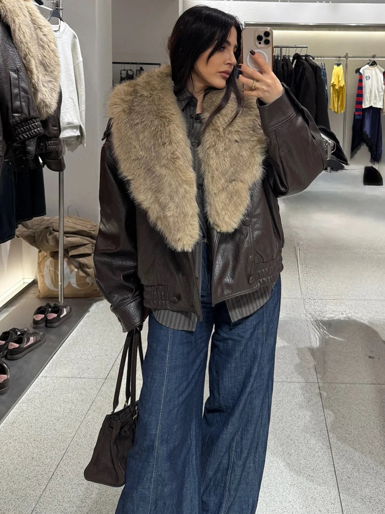 HH Vintage Women Faux Fur Patchwork Leather Jackets Fashion Female Detachable Fur Collar Double Breasted Winter Warm Street Coat