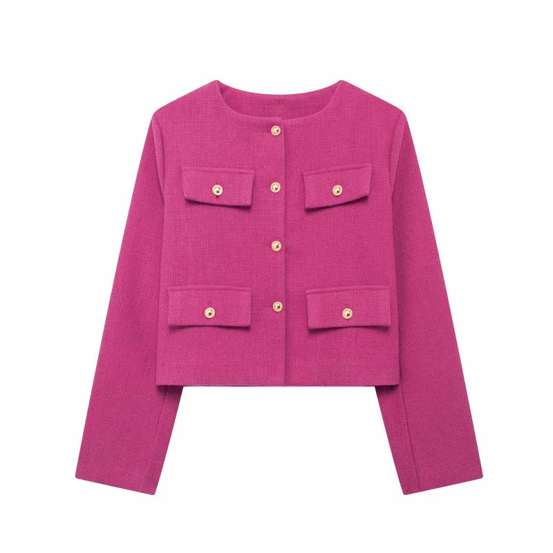 Women's Autumn/Winter Vintage Jackets crew neck gold button flip pocket embellishment short coat