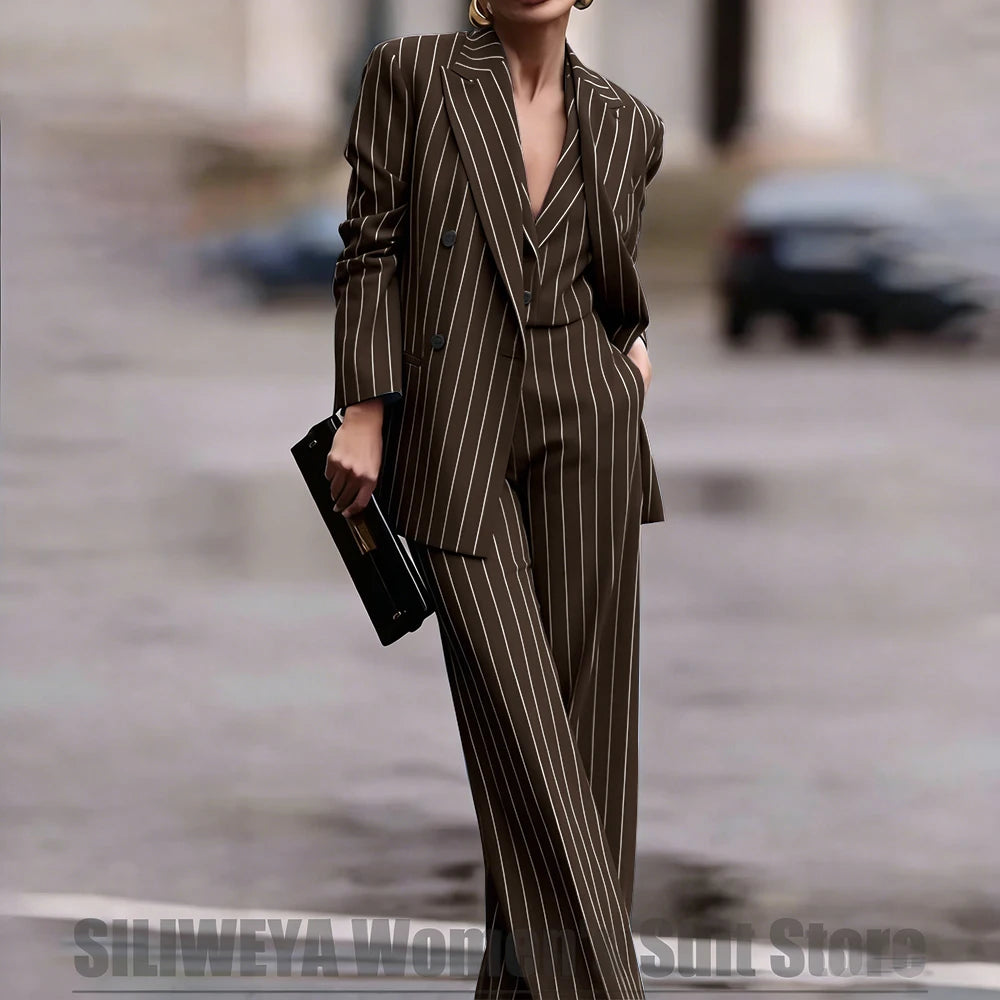 Navy Women's Double Breasted Striped 3 Piece Suits Blazer Vest Wide-Leg Pants Set Fashion Formal Party Office Casual Outfit
