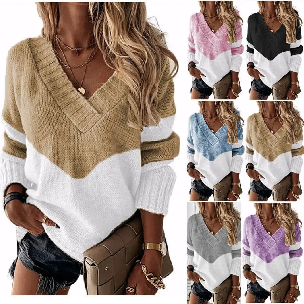 Women's Knitted V-neck Sweaters Stitching Contrast Color Long-Sleeved Knitting Top Pullover Autumn Winter Warm Female Jumper