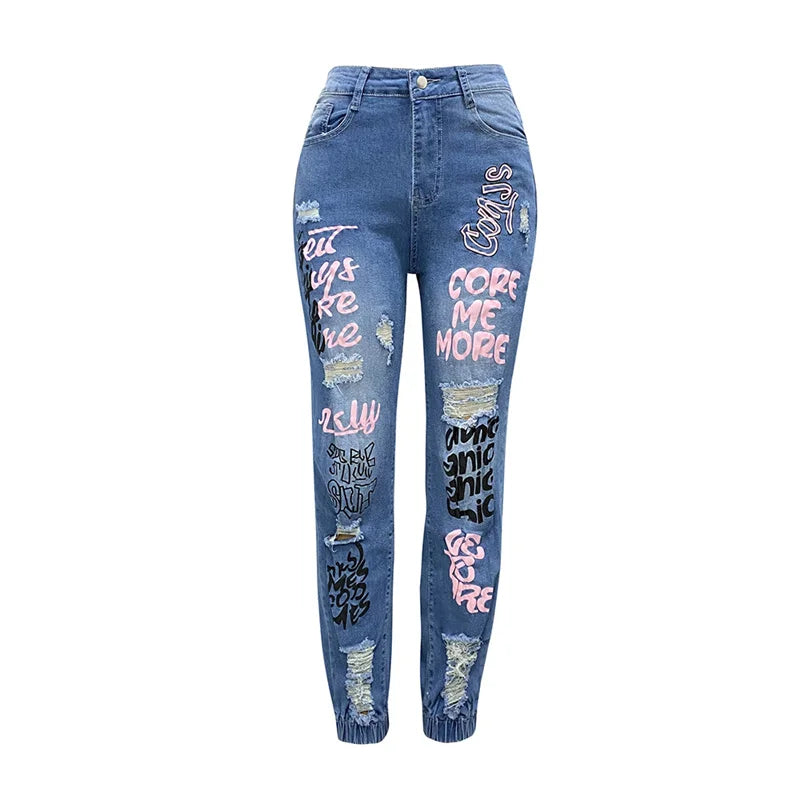 Women Fashion Alphabet Print Stretch Leg Pencil Jeans Trend Broken Holes Denim Pants