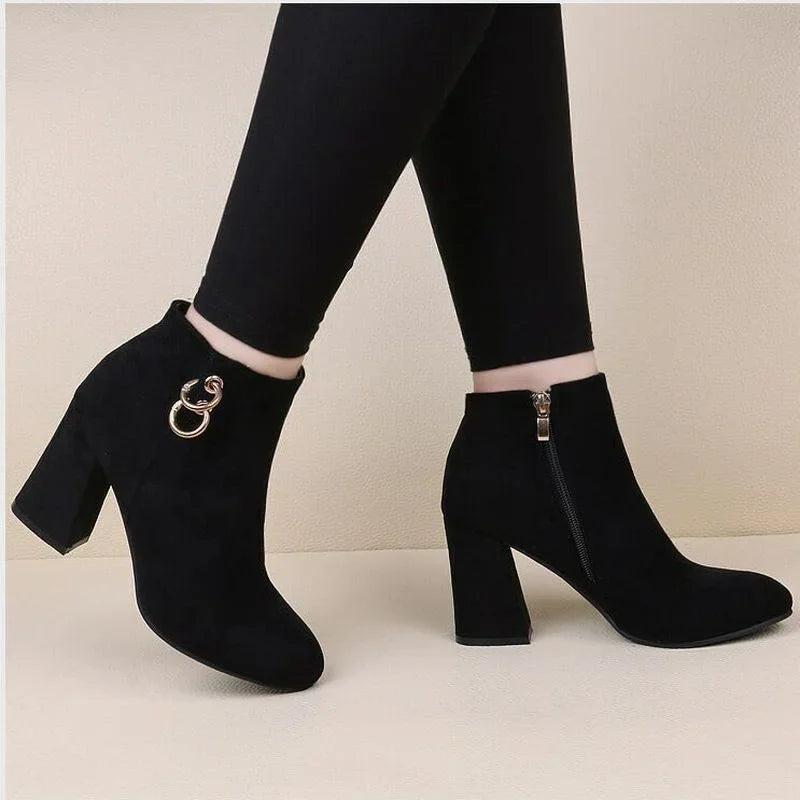 Women's Vintage Retro Plush Warm Autumn Winter Ankle Boots Block Heel Zipper High Heels