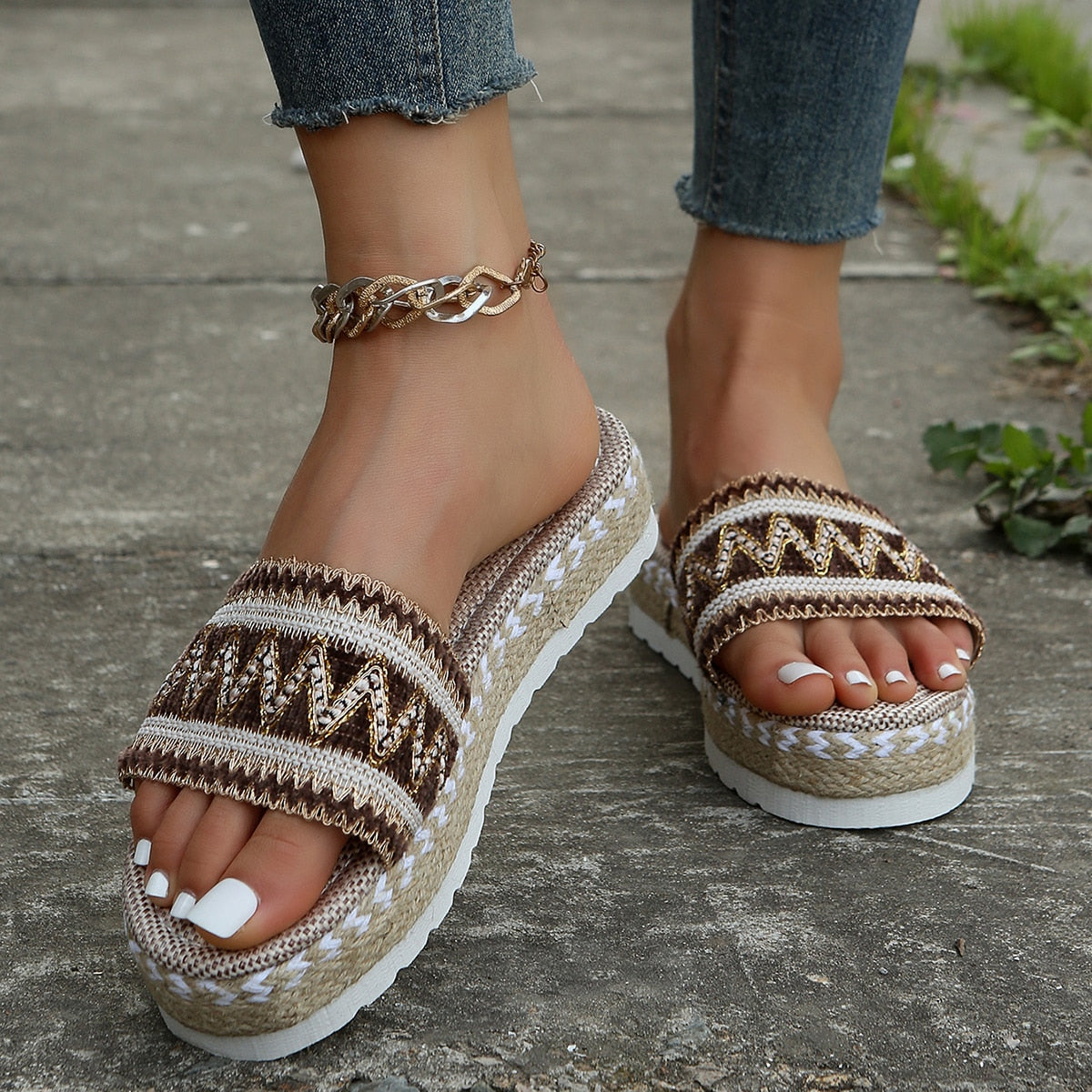 Women New Casual Summer Weave Slippers Heeled Bohemian Handmade Sandals