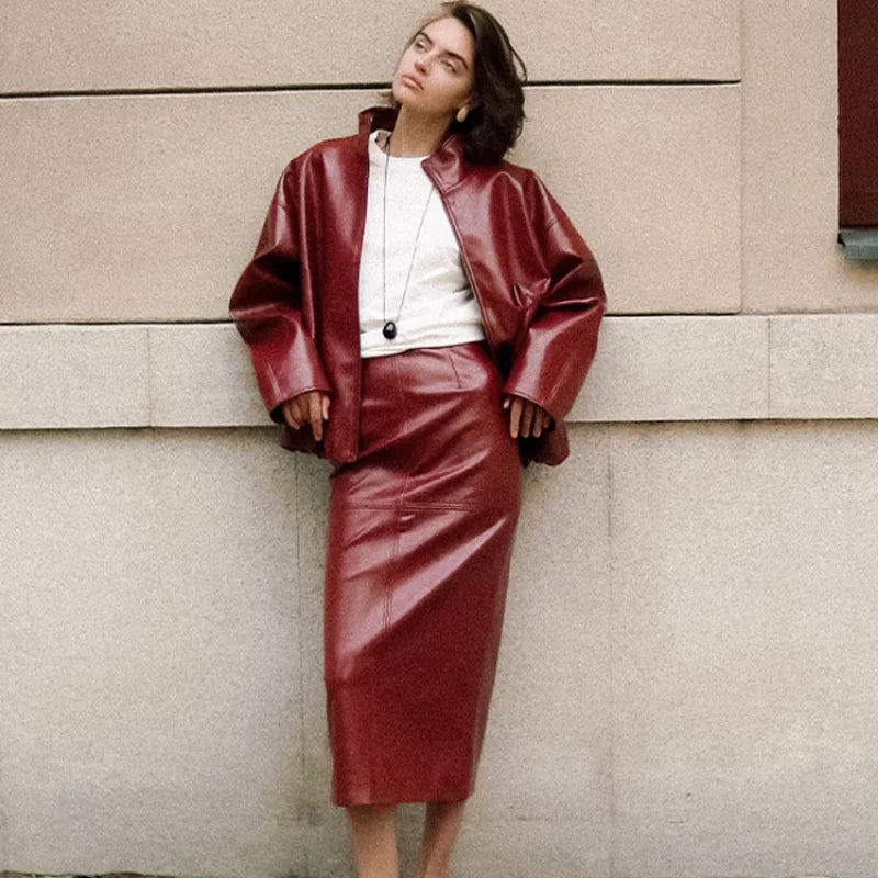 Women's Vintage Green Leather Jacket Skirt Set Full Sleeve Zipper Locomotive Coat Hip Package Long Skirts Autumn Outfits