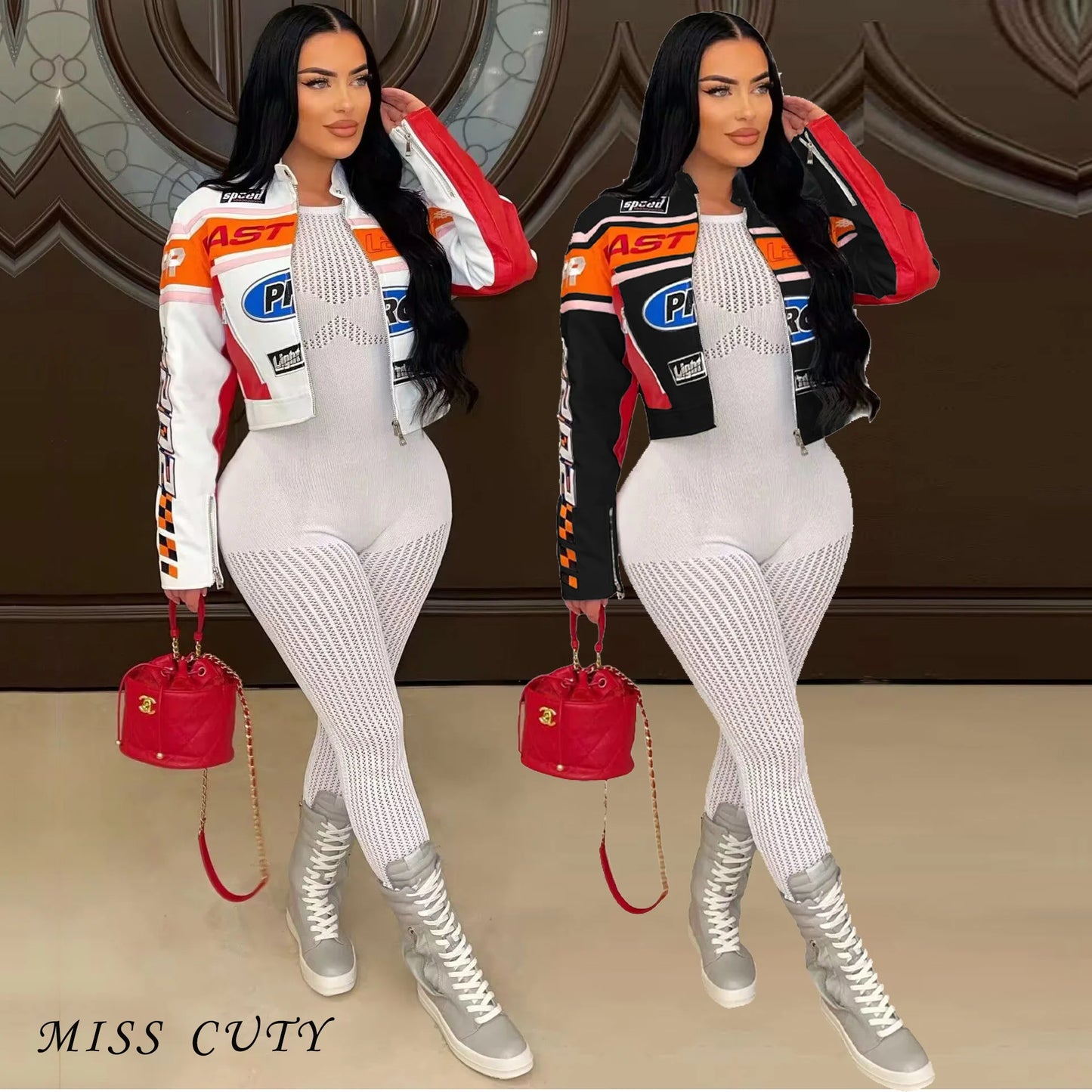 Women's Printed Cyber Racer Jackets Fashion Baseball Coats Y2K Streetwear Winter Fall Clothing Graphic Top Jackets Crop Coats