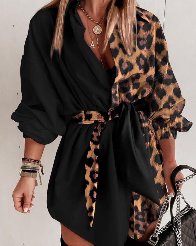 Woman New Leopard Print Lantern Long Sleeve Casual Shirt Dress with Belt