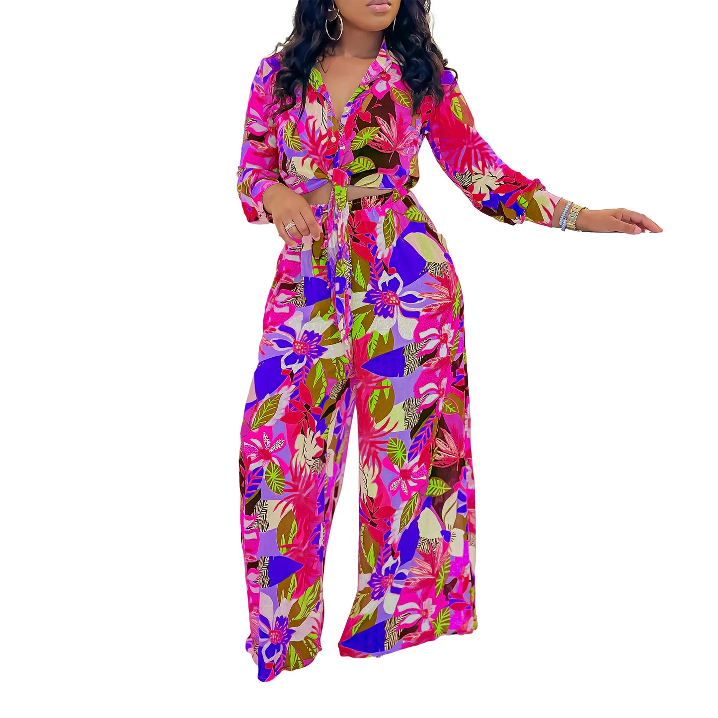 New Arrival Summer Women Flower Print Two Pieces Pants Sets Top Pants Suits Outfits